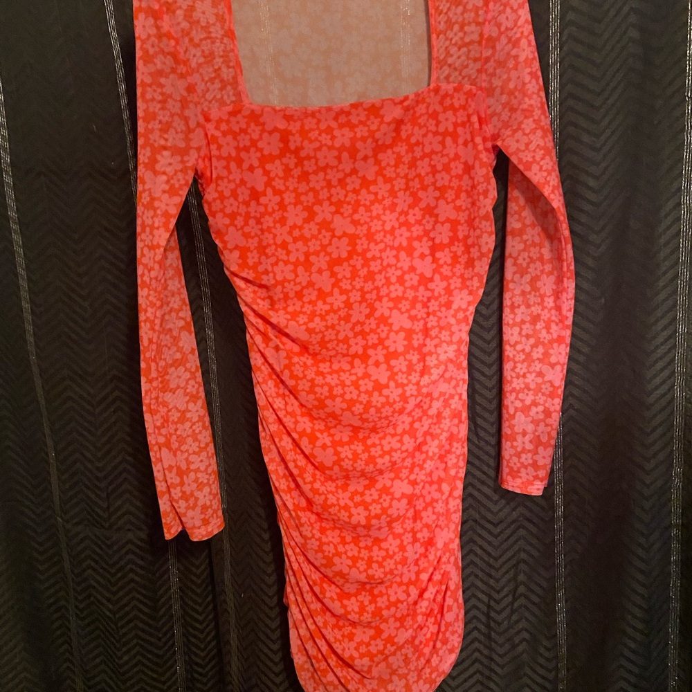 Caution To The Wind Floral mesh Ruched mini dress - Orange and Pink